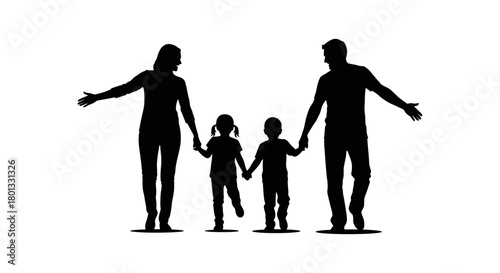 Family silhouette vector happy parents and children walking