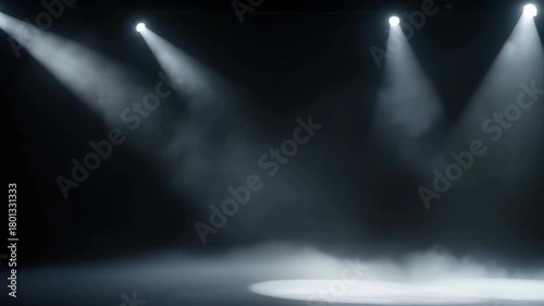 Dramatic Stage Lighting With Three Spotlights Illuminating Smoke Filled Black Studio Floor During A Performance Or Event
