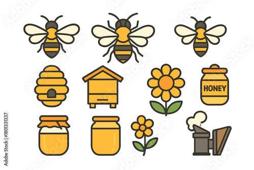 Beekeeping and honey production icons featuring bees, hives, jars, and flowers