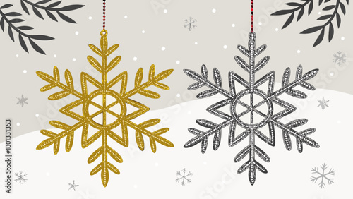 Winter snowflake ornaments hanging decoration holiday season christmas decor gold and silver design element vector