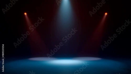 Dramatic Stage Spotlight With Red and White Beams Illuminating A Dark Empty Performance Area