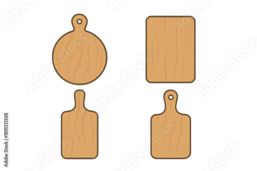 Assortment of wooden chopping boards and serving platters in diverse shapes and natural texture