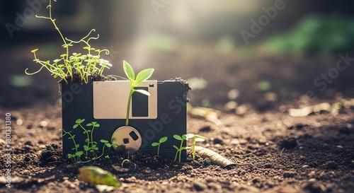 A creative scene featuring a vintage floppy disk with small plants and greenery growing around it on the soil, symbolizing nature and technology integration