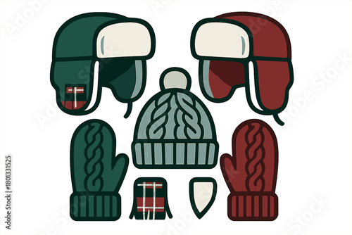 Set of warm winter headwear including trapper hats and cable knit mittens