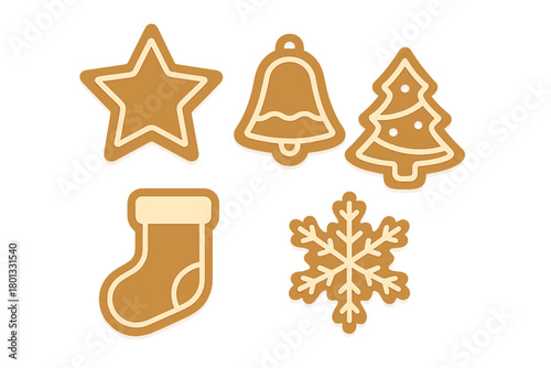 Traditional holiday gingerbread cookies in star bell tree stocking and snowflake shapes