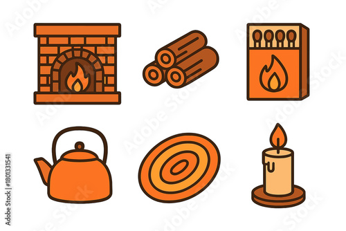 Orange and brown graphics depicting fireplace, firewood, matches, kettle, and candle