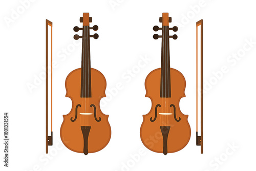 Pair of classical wooden violins and bows standing vertically on a clean white background
