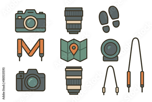 Photography and travel equipment including cameras, lenses, map, straps, and footprints