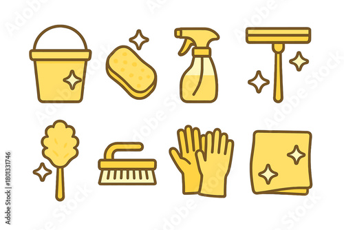 Collection of yellow cleaning tools and supplies icons for domestic hygiene