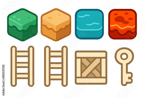Essential 2D platformer game elements: textured blocks, climbing ladders, storage box, and classic key