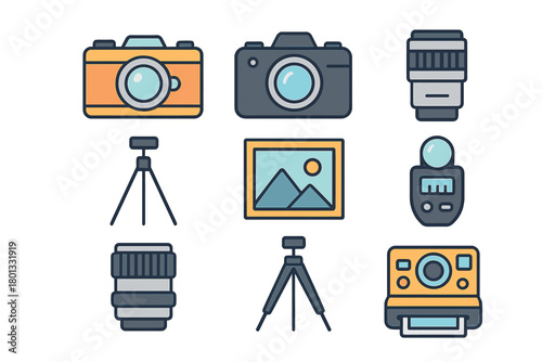 Colorful flat line design of essential photography equipment and accessories
