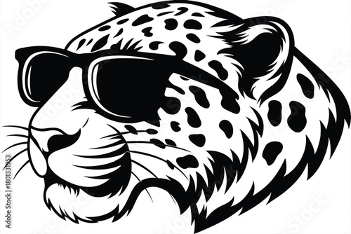 A spotted jaguar head showcases sleek sunglasses in black and white outline format