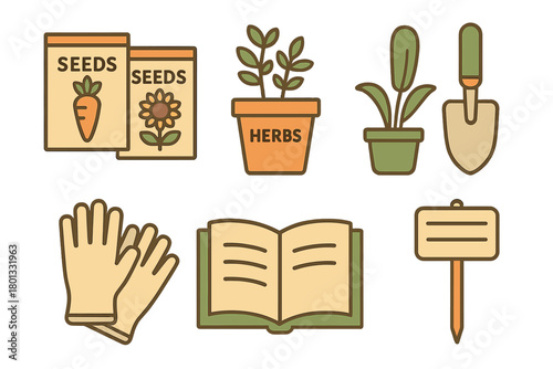 Essential gardening equipment icons featuring seed packets, potted herbs, hand trowel, protective gloves, and planting marker