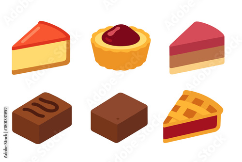 Six isometric dessert slices and baked goods including pie, cake, and cheesecake