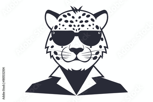 A monochrome spotted jaguar is wearing sunglasses and a blazer in a minimalist style