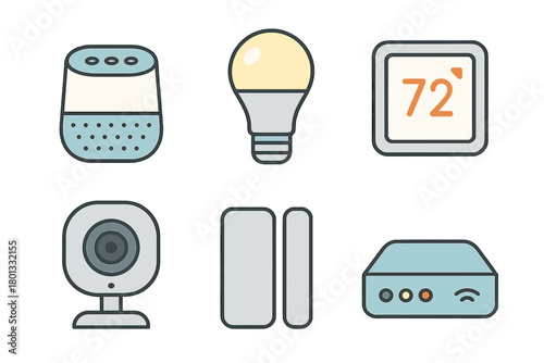 Essential smart home technology devices featuring speaker light bulb thermostat camera and security sensor