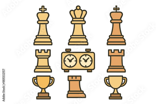Set of chess pieces, clock, and trophy icons representing strategy and competition