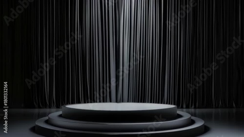 Elegant Empty Stage With Circular Platform Illuminated By Three Spotlights Against Dark Curtains Awaiting Performance Or Presentation