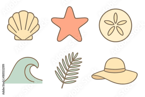 Minimalist summer vacation and beach elements including shell starfish sand dollar and sun hat
