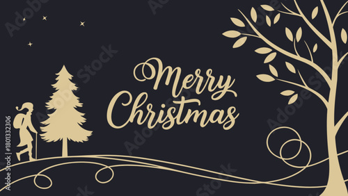 Merry christmas holiday season greeting card with christmas tree and santa claus illustration design