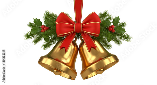 Tableau sur toile Pair of golden christmas jingle bells decorated with green pine branches holly b