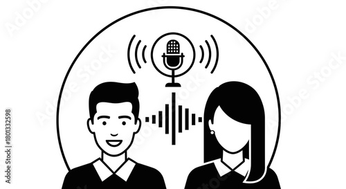 Podcast interview with man and woman vector illustration art