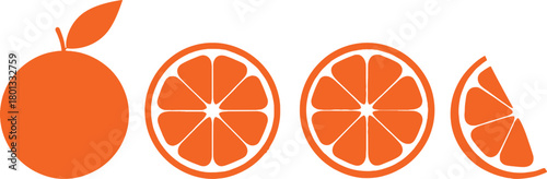 Whole orange and sliced orange halves and wedge on white background