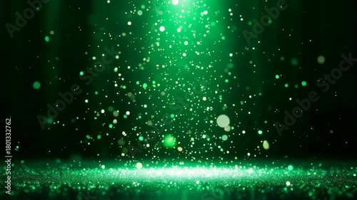 Emerald Green Glittering Particles Falling Downward From Stage Spotlight Onto Reflective Floor With Soft Focus Bokeh Background Elegant