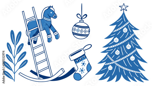 Christmas holiday illustration with tree ornament horse stocking and plant decoration vector design
