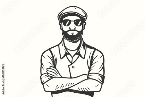 Bearded man in cap and sunglasses stands with arms crossed in monochrome style