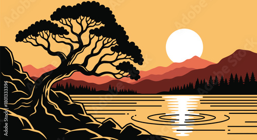 Sunset landscape vector illustration nature scene with tree lake
