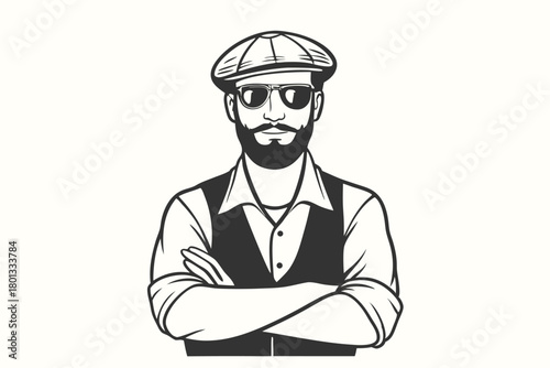 Bearded man wearing a newsboy cap and sunglasses crosses his arms confidently