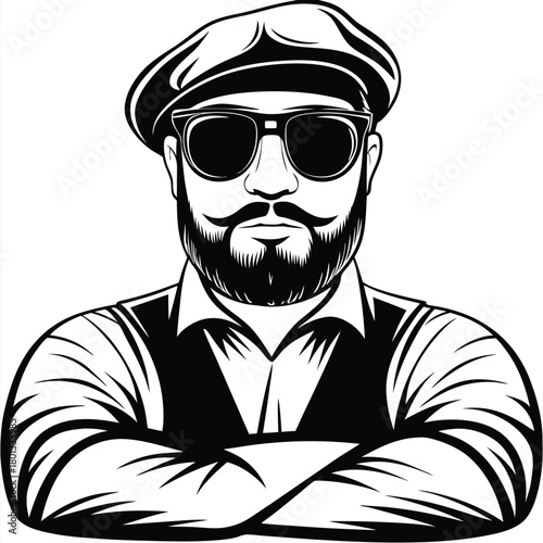 Bearded man wearing glasses and a newsboy cap crosses his arms in a vector