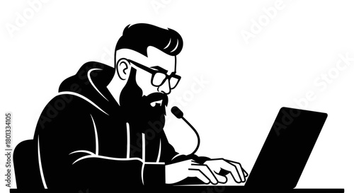 Man with beard using laptop vector illustration black and white