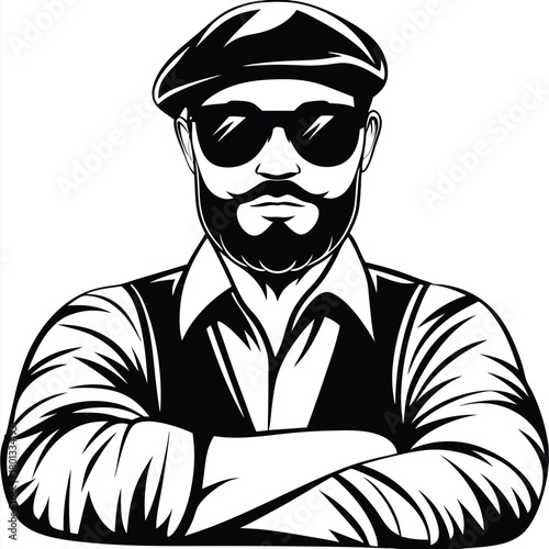 bearded man wearing beret and sunglasses has crossed his arms confidently across his chest