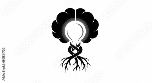 Symbol of innovative thinking with roots of knowledge and a glowing idea