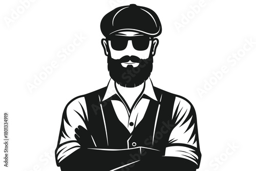 Bearded man with arms crossed wears cap and sunglasses in monochrome sketch