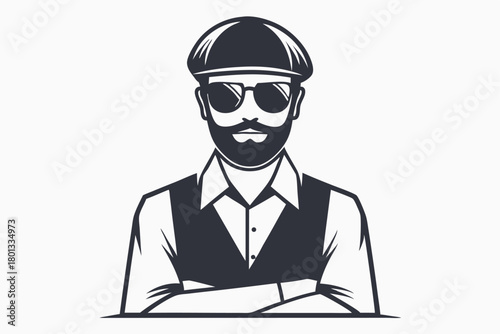 Bearded man wearing cap and sunglasses confidently poses with his arms crossed for the camera