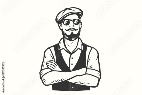 Bearded man with cap and sunglasses crosses his arms wearing a vest confidently