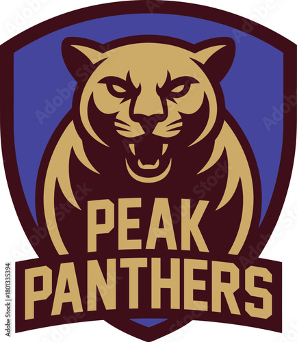 Angry gold colored cougar panther wildcat mascot logo on dark blue shield sport team emblem