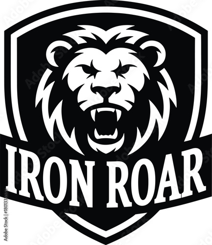Black and white monochrome fierce roaring lion head mascot design on shield emblem concept