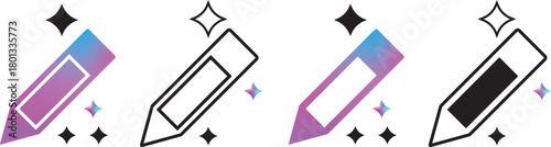 AI writing or smart edit icon set. editing pen sparkle stars symbol. pencil compose symbol with sparkle. intelligent content creation, seo, writing