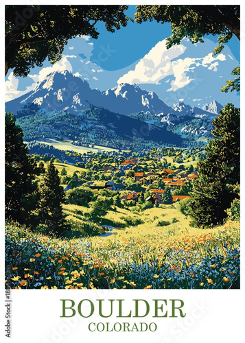Scenic valley view of Boulder, Colorado, vector illustration featuring a lush meadow filled with colorful wildflowers, pine trees, and massive Rocky Mountains under a cloudy sky.