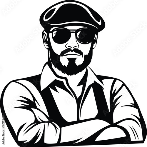 Bearded man with cap and sunglasses stands confidently, arms crossed, in black and white