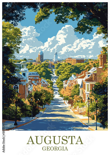 Augusta Georgia vector illustration depicting a charming historic district street lined with traditional homes and lush trees leading toward the city skyline in the distance.