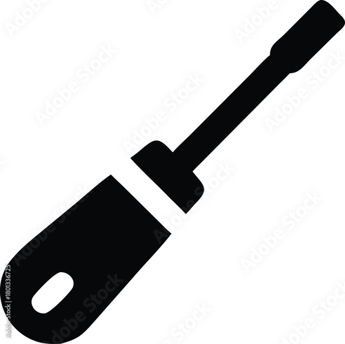 Black flathead screwdriver shows a tool for repairs and improvements in the white background