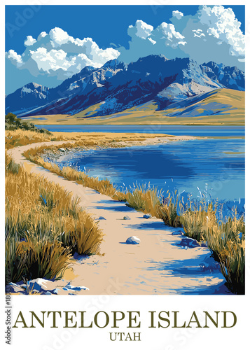 Antelope Island Utah vector illustration of a scenic hiking path winding along the Great Salt Lake shoreline among tall dry grasses toward majestic mountains.
