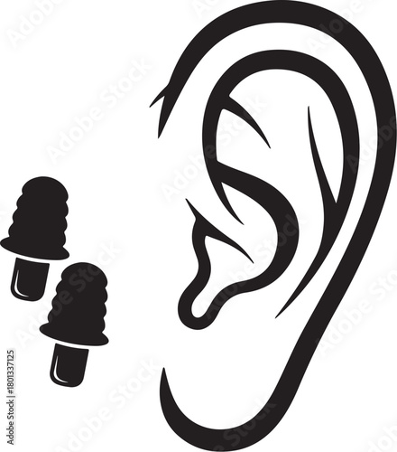 Human ear and two earplugs icon Keywords: ear, human ear, earplug, earplugs, hearing protection, sound, noise, protection, safety, medical, health, anatomy, body part, on transparent background