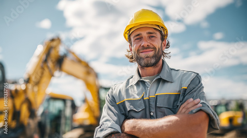 夏の工事現場で半袖の作業服を着た男性