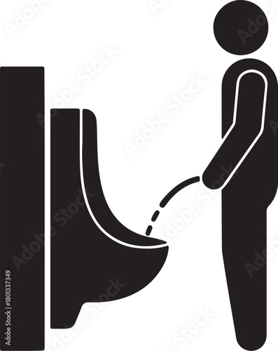 Man using a urinal in a public restroom icon Keywords: urinal, public restroom, man, male, toilet, bathroom, icon, pictogram, silhouette, standing, peeing, urination, on transparent background